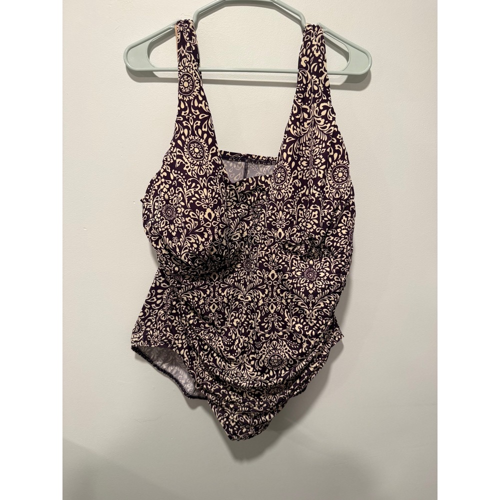 Lands End Womens 22W One Piece Swimsuit Purple White Medallion Ruched Plus Size